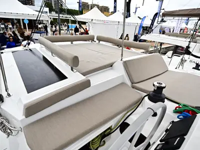 Deck of Res23, a Bali 4.2 catamaran at Olbia, Italy