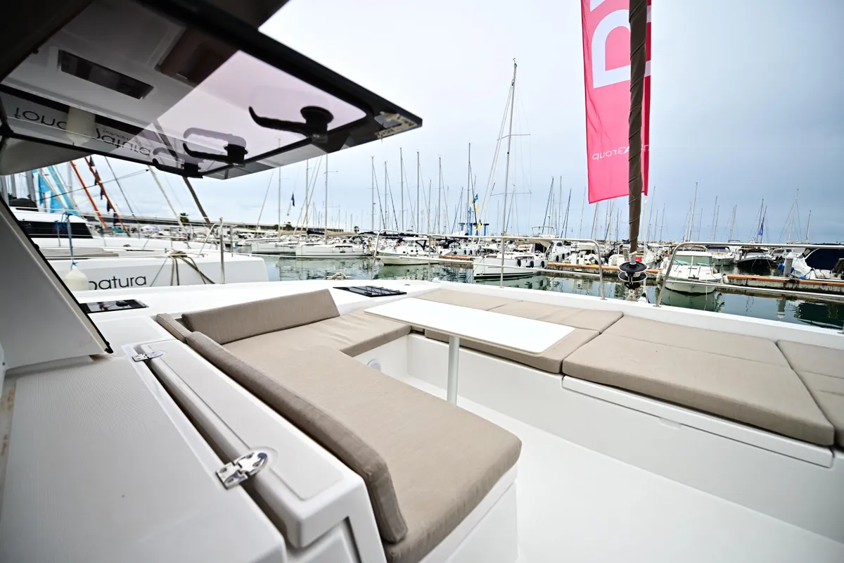 Exterior view of Res23, a Bali 4.2 catamaran at Olbia, Italy
