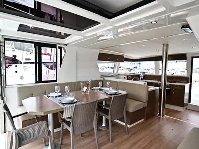 Salon of Res23, a Bali 4.2 catamaran at Olbia, Italy