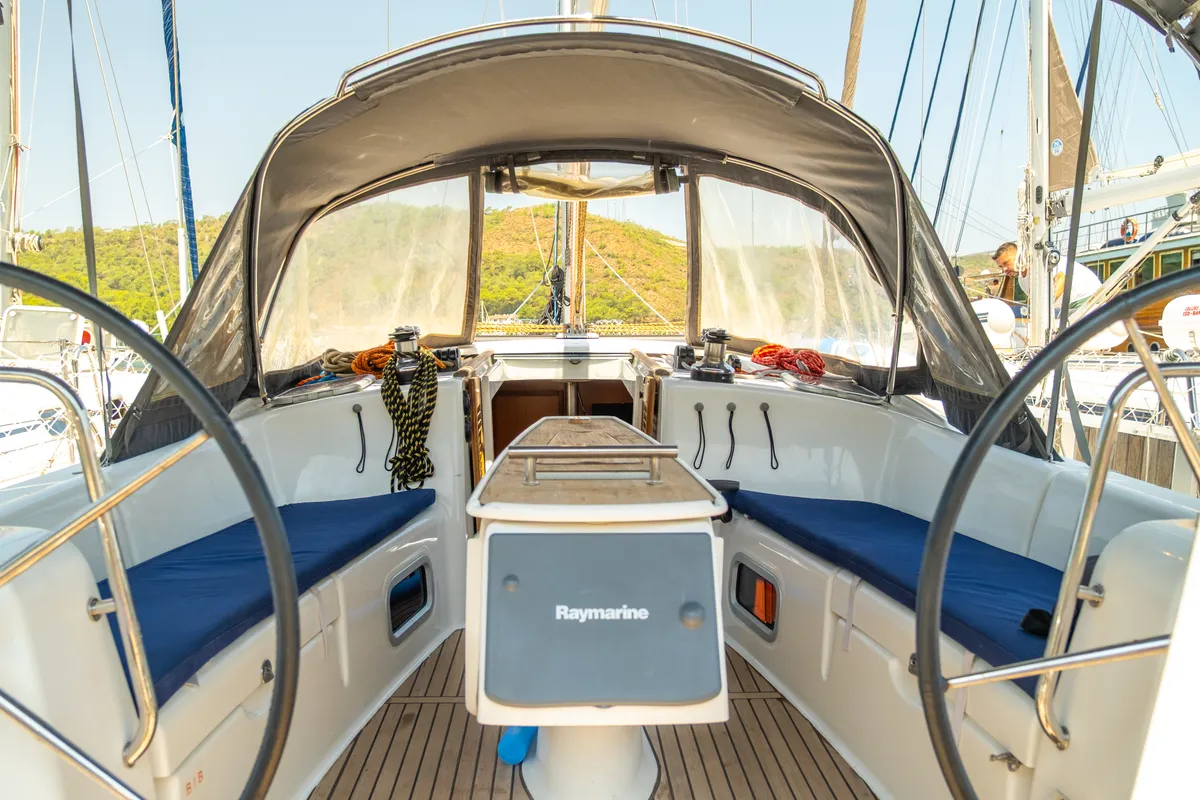 Cockpit of Premium, a Beneteau Oceanis 40 sailboat at Fethiye, Turkey