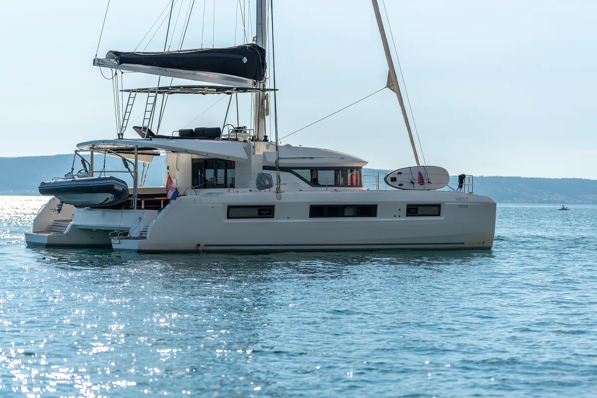 Exterior view of Katka, a Lagoon 50 catamaran at Grad Kaštela, Croatia