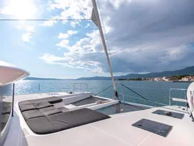 Deck of Katka, a Lagoon 50 catamaran at Grad Kaštela, Croatia