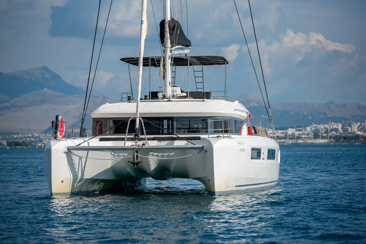 Exterior view of Katka, a Lagoon 50 catamaran at Grad Kaštela, Croatia