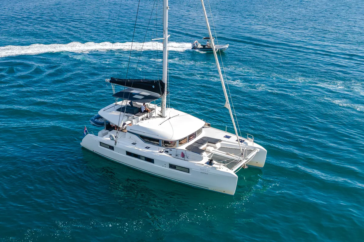 Exterior view of Katka, a Lagoon 50 catamaran at Grad Kaštela, Croatia