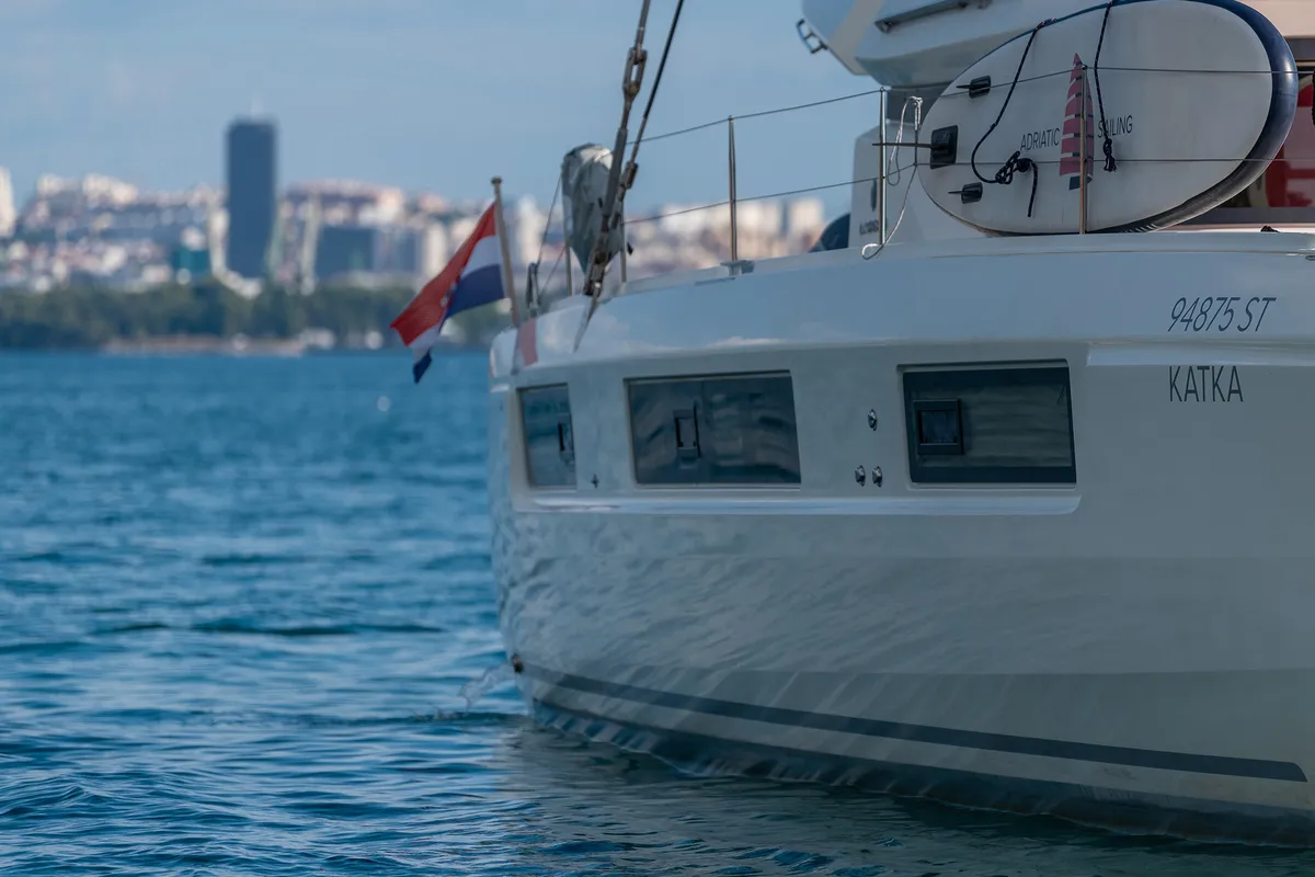Exterior view of Katka, a Lagoon 50 catamaran at Grad Kaštela, Croatia