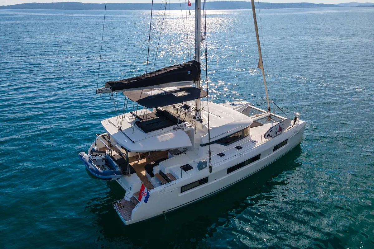 Exterior view of Katka, a Lagoon 50 catamaran at Grad Kaštela, Croatia