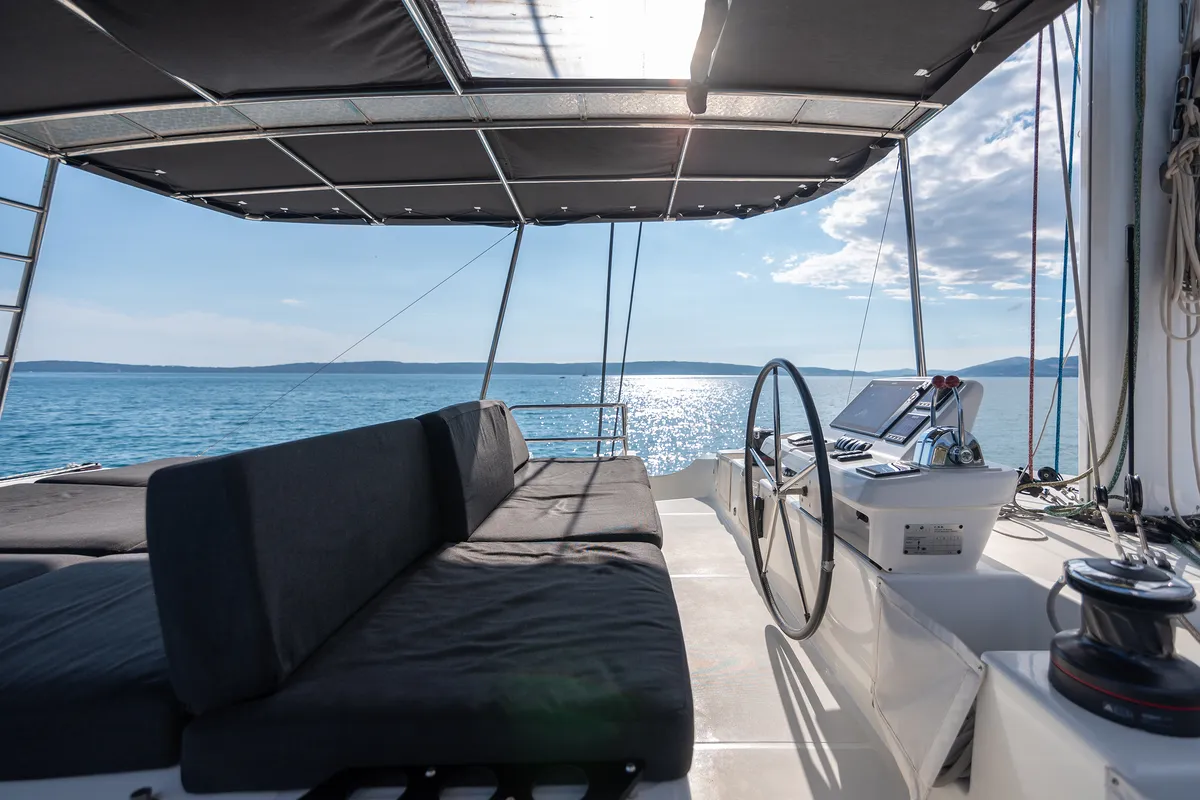 Cockpit of Katka, a Lagoon 50 catamaran at Grad Kaštela, Croatia