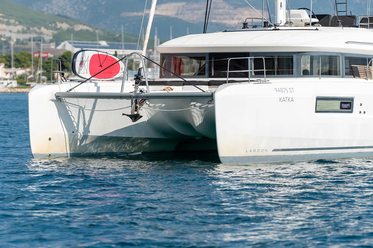 Exterior view of Katka, a Lagoon 50 catamaran at Grad Kaštela, Croatia