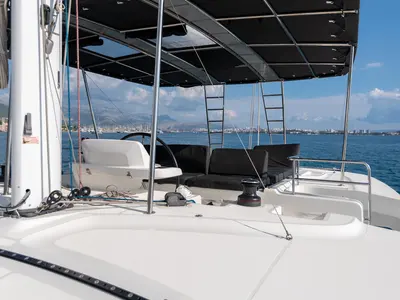 Cockpit of Katka, a Lagoon 50 catamaran at Grad Kaštela, Croatia