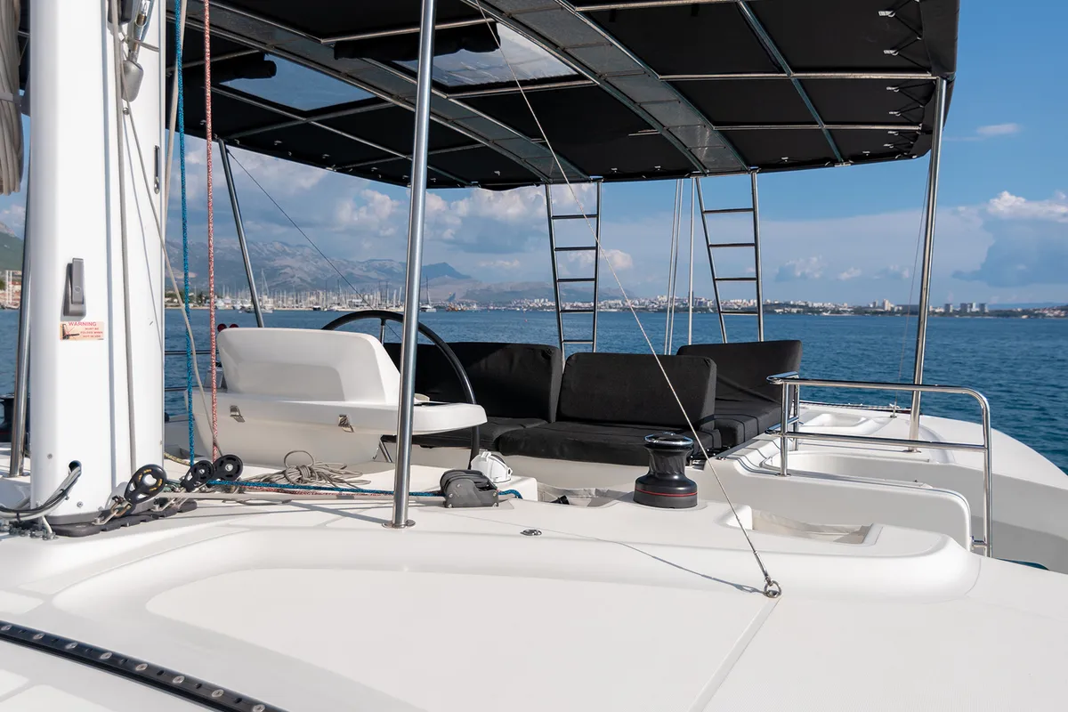 Cockpit of Katka, a Lagoon 50 catamaran at Grad Kaštela, Croatia