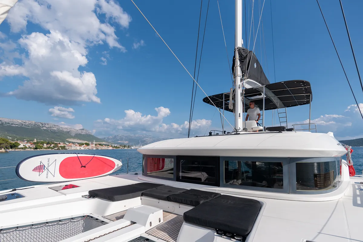 Deck of Katka, a Lagoon 50 catamaran at Grad Kaštela, Croatia