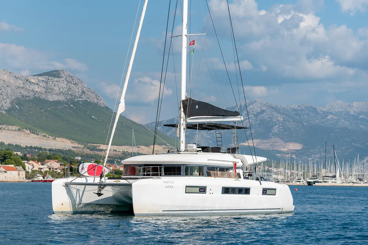 Exterior view of Katka, a Lagoon 50 catamaran at Grad Kaštela, Croatia