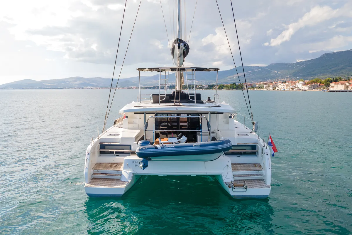 Exterior view of Katka, a Lagoon 50 catamaran at Grad Kaštela, Croatia