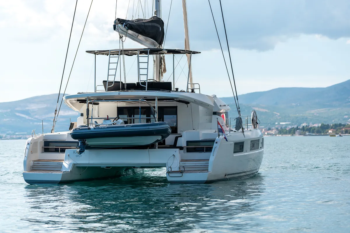 Exterior view of Katka, a Lagoon 50 catamaran at Grad Kaštela, Croatia