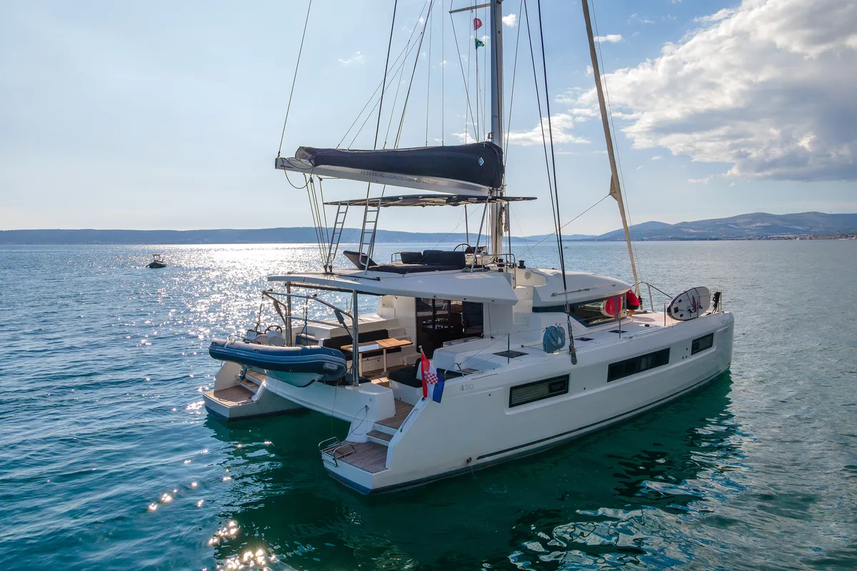 Exterior view of Katka, a Lagoon 50 catamaran at Grad Kaštela, Croatia
