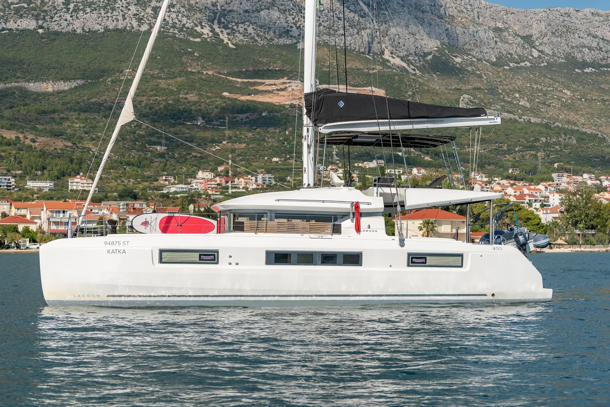 Exterior view of Katka, a Lagoon 50 catamaran at Grad Kaštela, Croatia