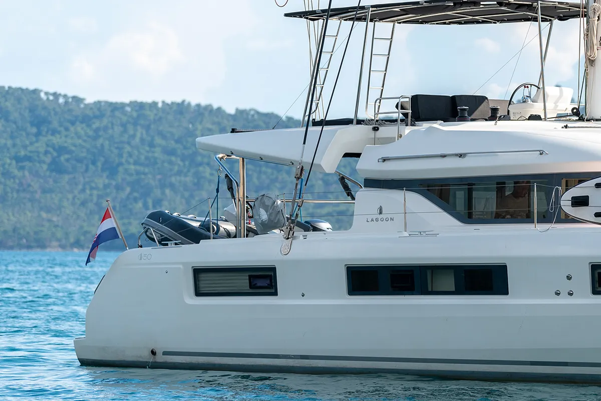 Exterior view of Katka, a Lagoon 50 catamaran at Grad Kaštela, Croatia