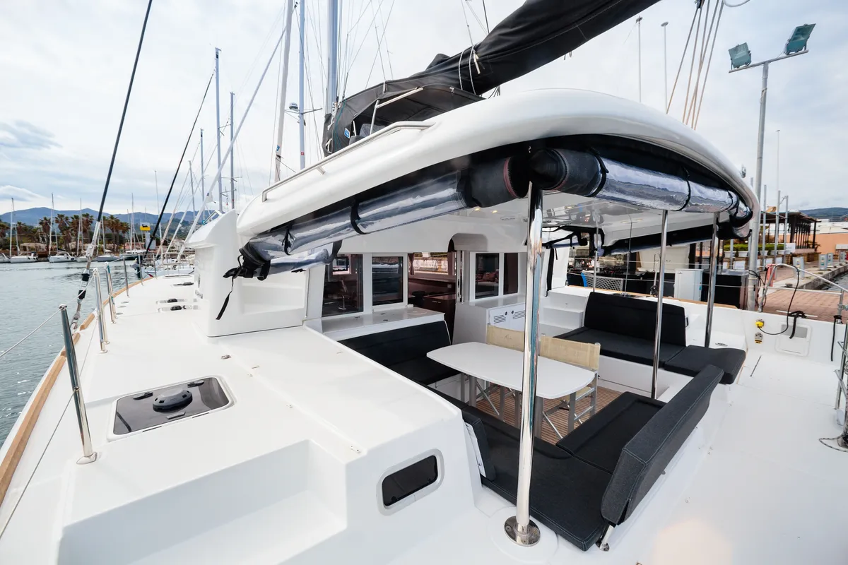 Deck of Didyme - Standard line, a Lagoon 450 catamaran at Olbia, Italy