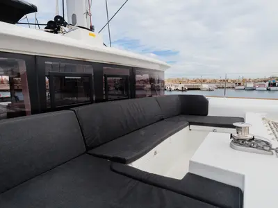 Deck of Didyme - Standard line, a Lagoon 450 catamaran at Olbia, Italy