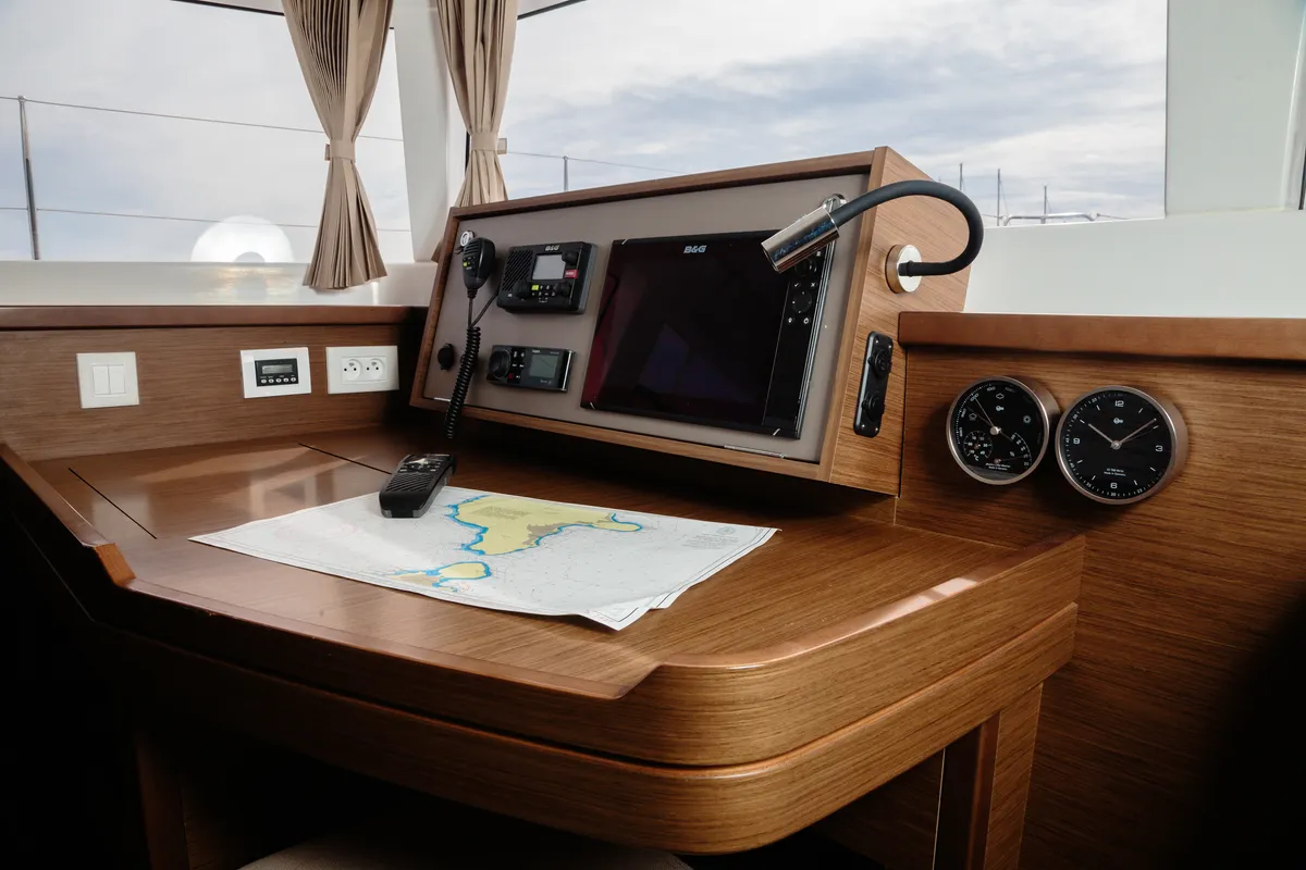 Cockpit of Didyme - Standard line, a Lagoon 450 catamaran at Olbia, Italy