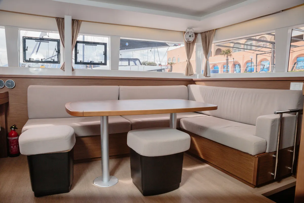 Salon of Didyme - Standard line, a Lagoon 450 catamaran at Olbia, Italy