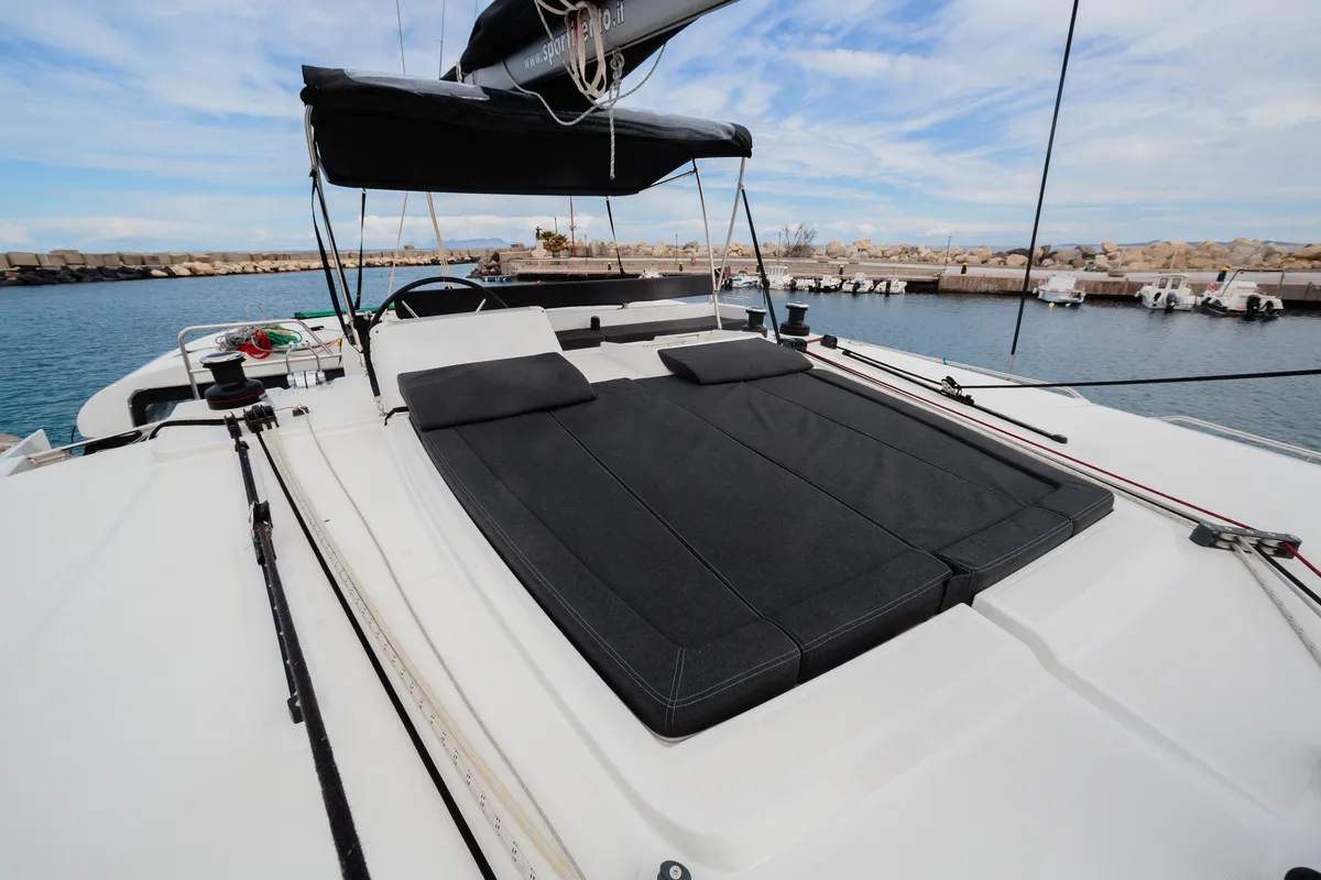 Deck of Didyme - Standard line, a Lagoon 450 catamaran at Olbia, Italy