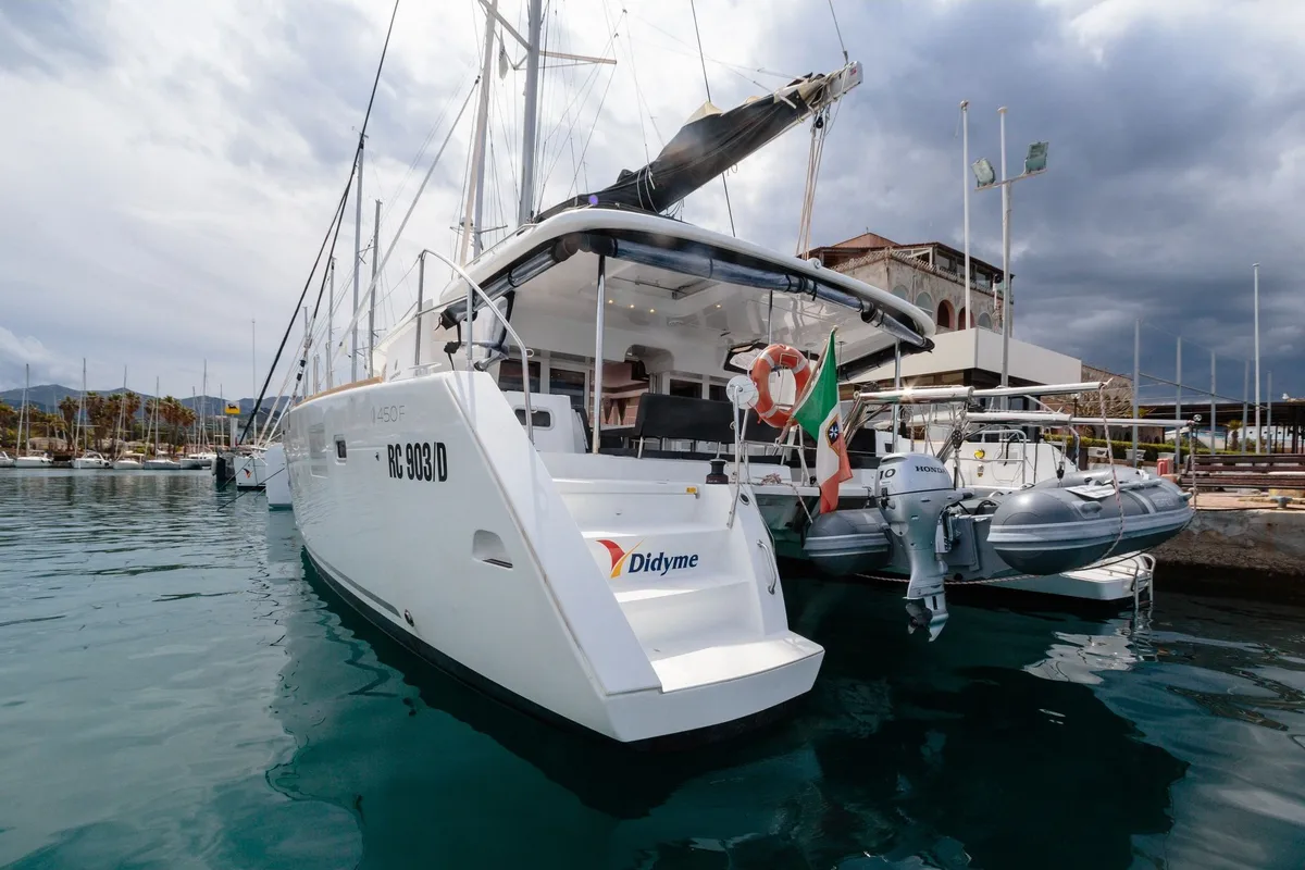 Exterior view of Didyme - Standard line, a Lagoon 450 catamaran at Olbia, Italy