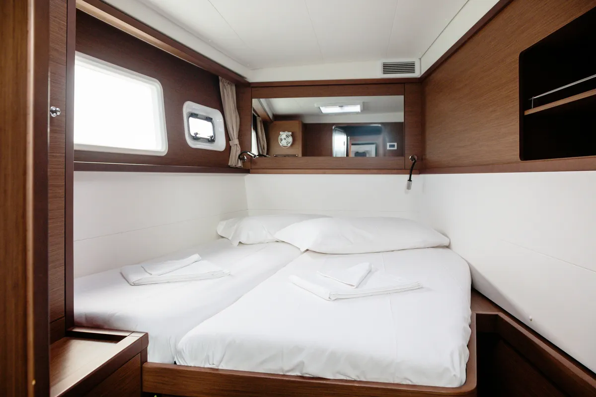 Cabin on Didyme - Standard line, a Lagoon 450 catamaran at Olbia, Italy
