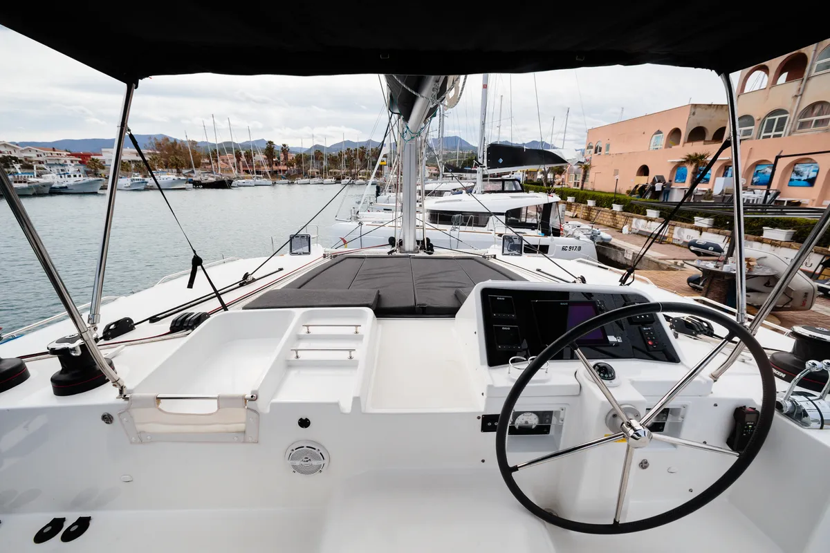 Cockpit of Didyme - Standard line, a Lagoon 450 catamaran at Olbia, Italy