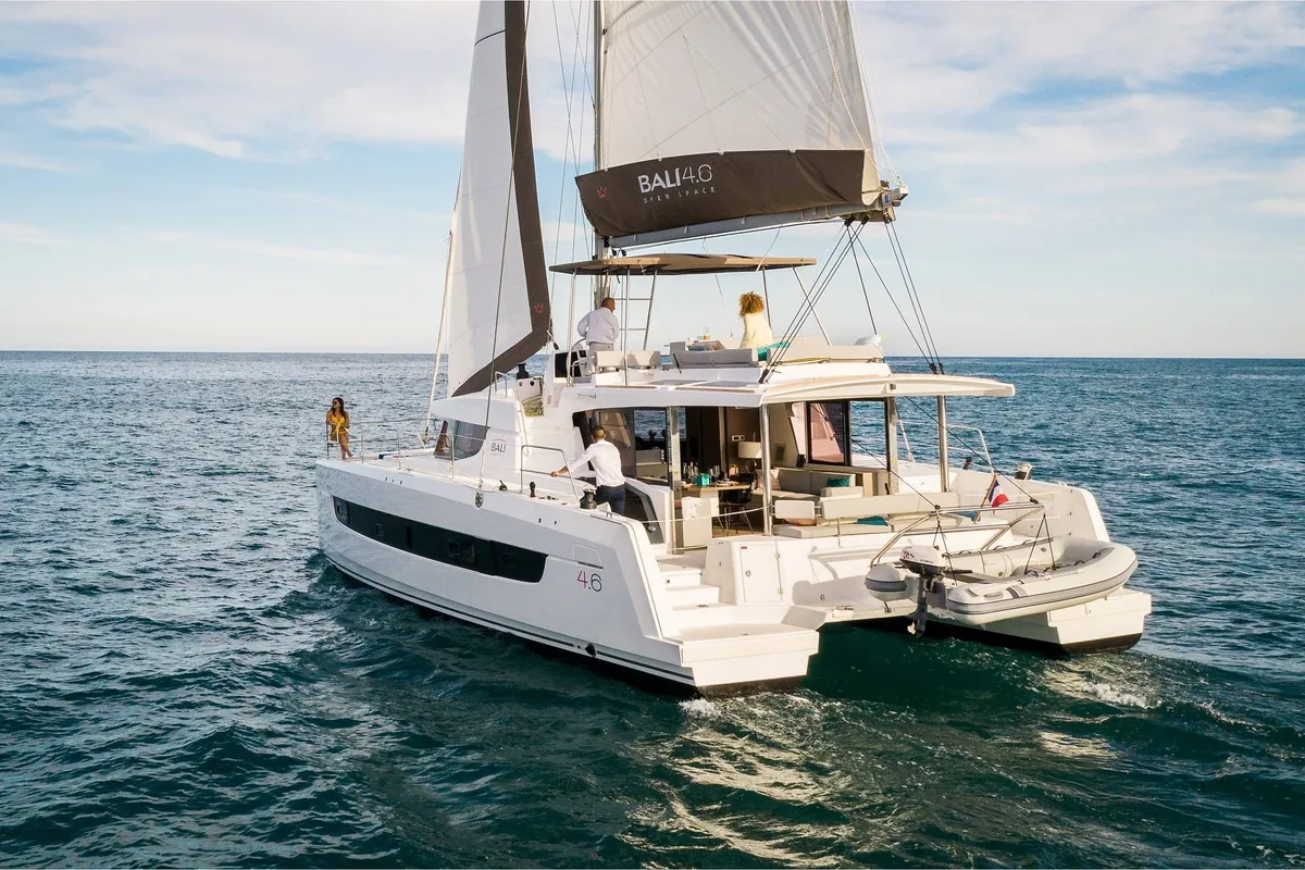 Exterior view of Rhapsody in Blue, a Bali 4.6 catamaran at Marmaris, Turkey