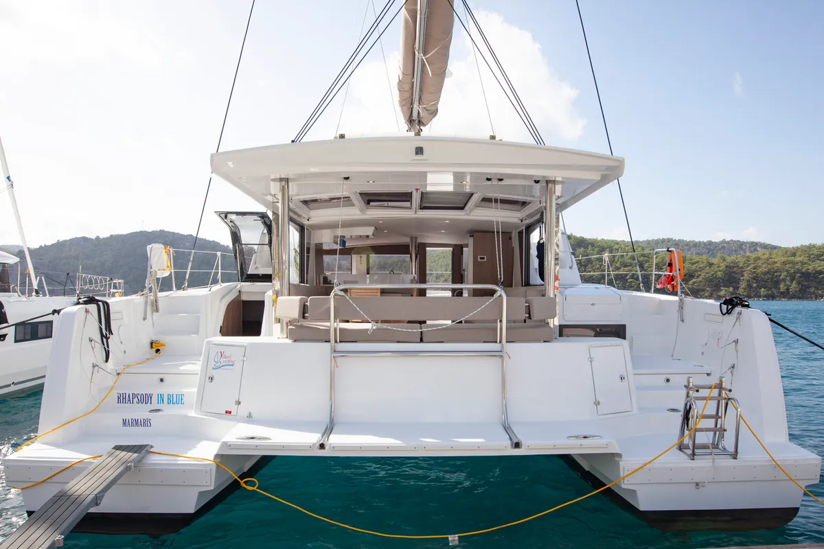 Exterior view of Rhapsody in Blue, a Bali 4.6 catamaran at Marmaris, Turkey