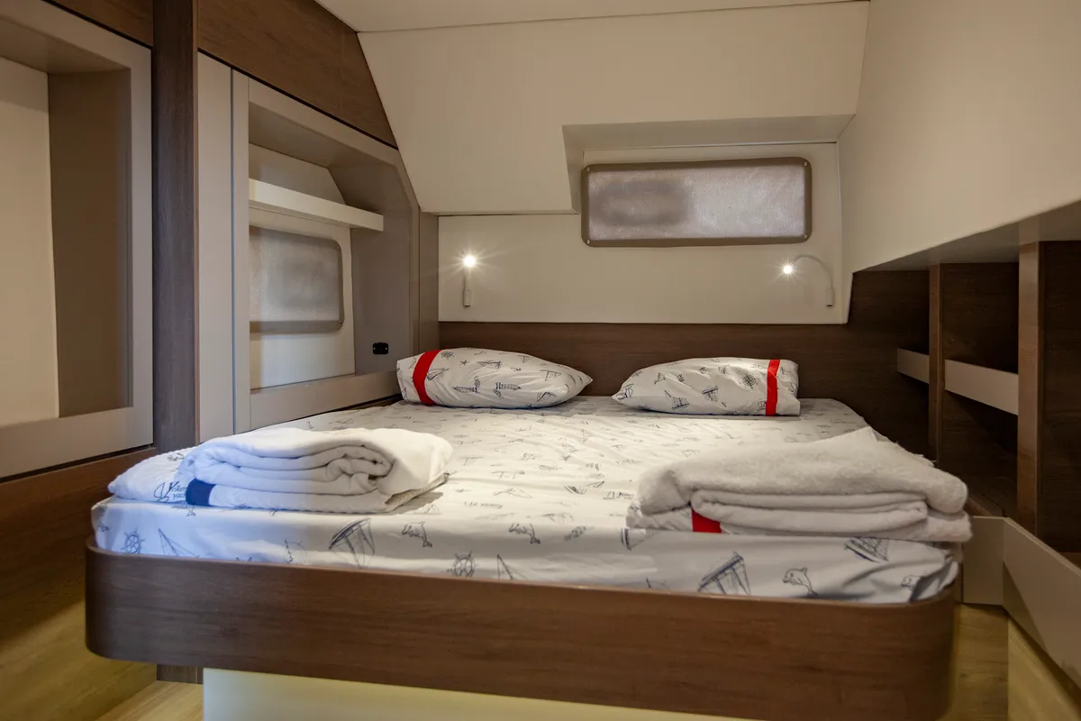 Cabin on Rhapsody in Blue, a Bali 4.6 catamaran at Marmaris, Turkey