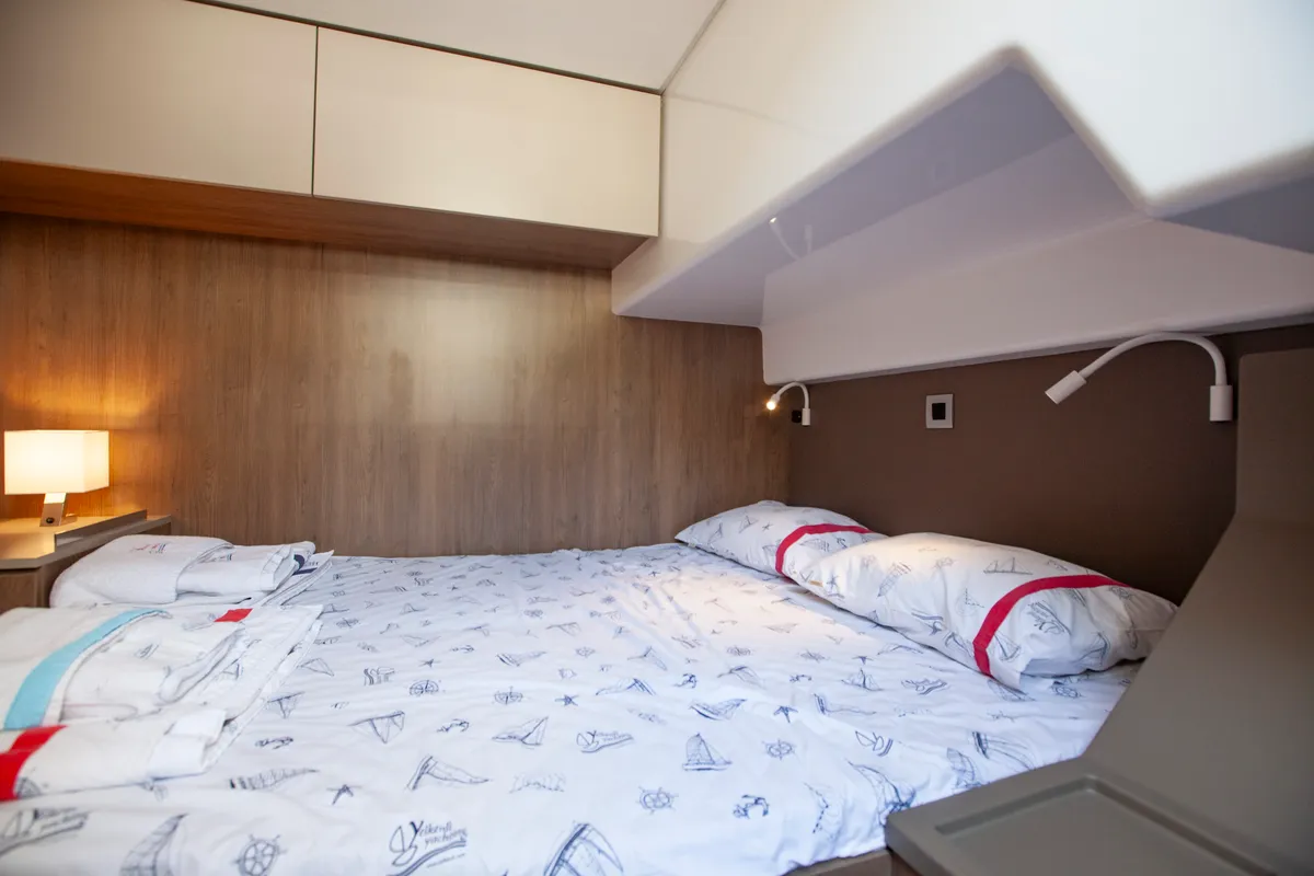 Cabin on Rhapsody in Blue, a Bali 4.6 catamaran at Marmaris, Turkey