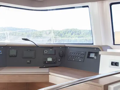 Cockpit of Rhapsody in Blue, a Bali 4.6 catamaran at Marmaris, Turkey