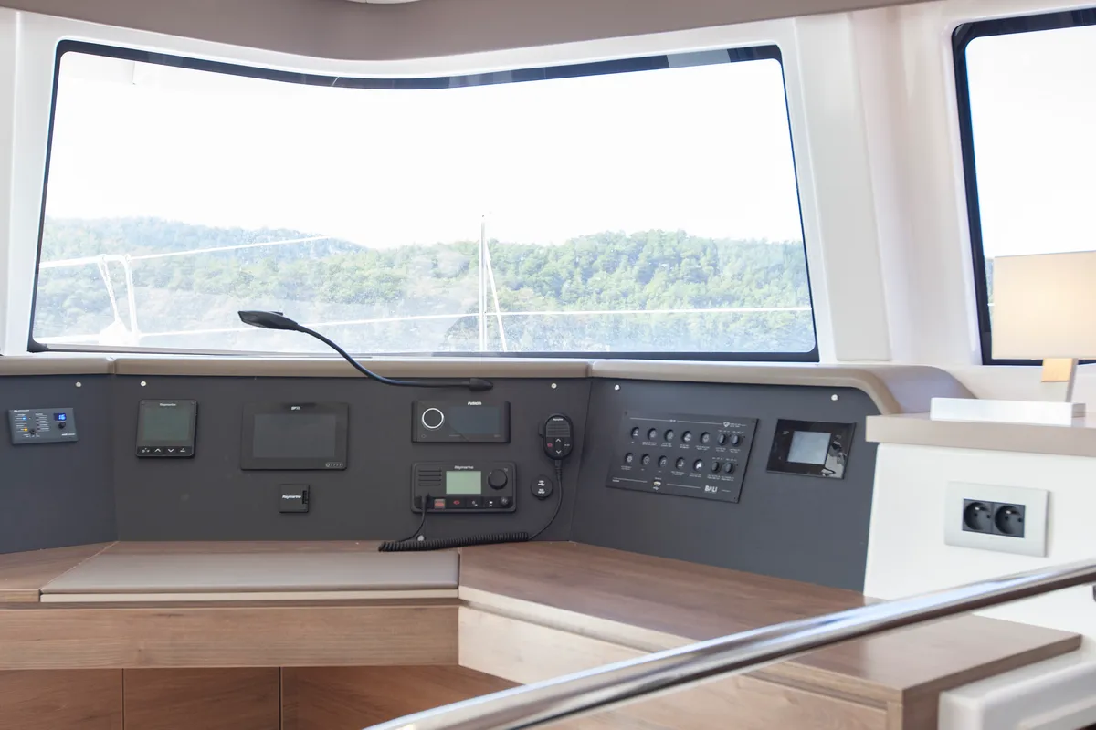 Cockpit of Rhapsody in Blue, a Bali 4.6 catamaran at Marmaris, Turkey
