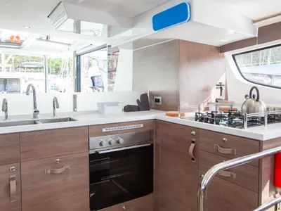Galley of Rhapsody in Blue, a Bali 4.6 catamaran at Marmaris, Turkey