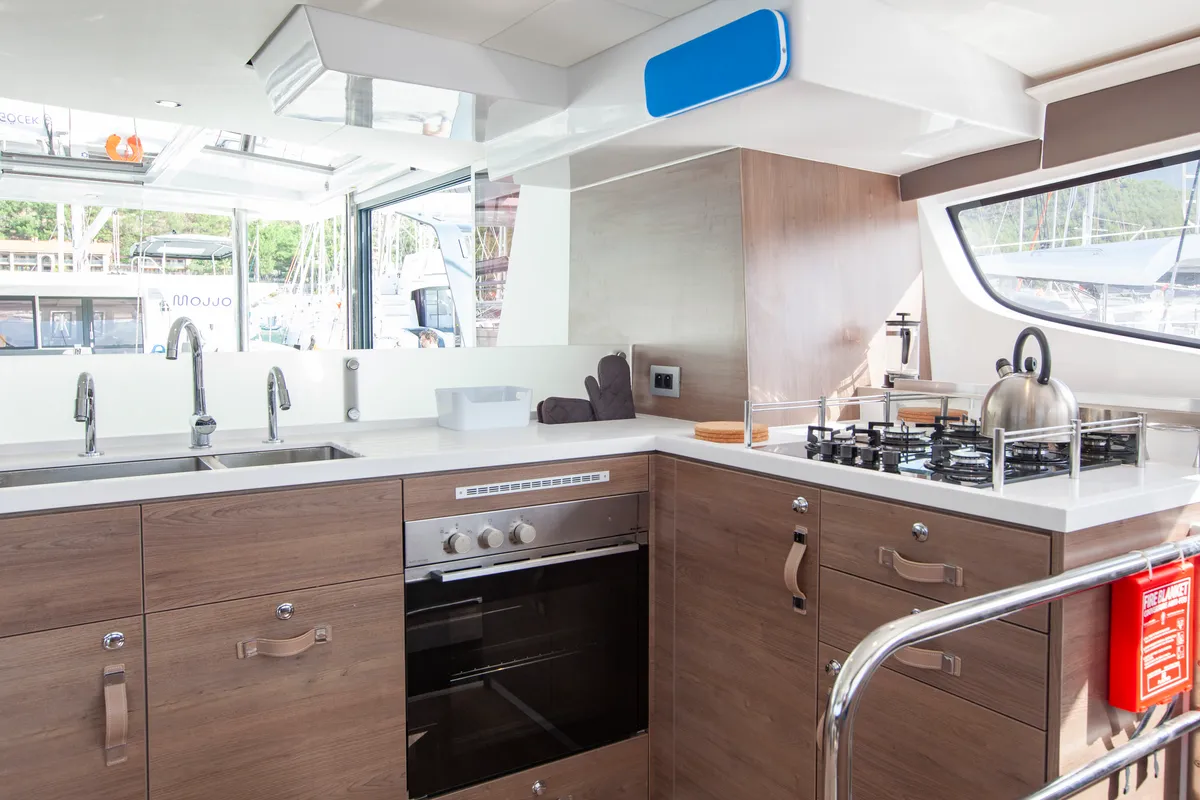 Galley of Rhapsody in Blue, a Bali 4.6 catamaran at Marmaris, Turkey
