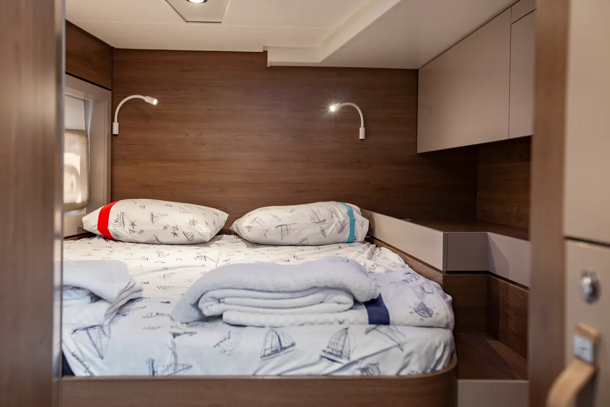 Cabin on Rhapsody in Blue, a Bali 4.6 catamaran at Marmaris, Turkey