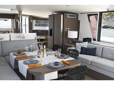 Salon of Rhapsody in Blue, a Bali 4.6 catamaran at Marmaris, Turkey