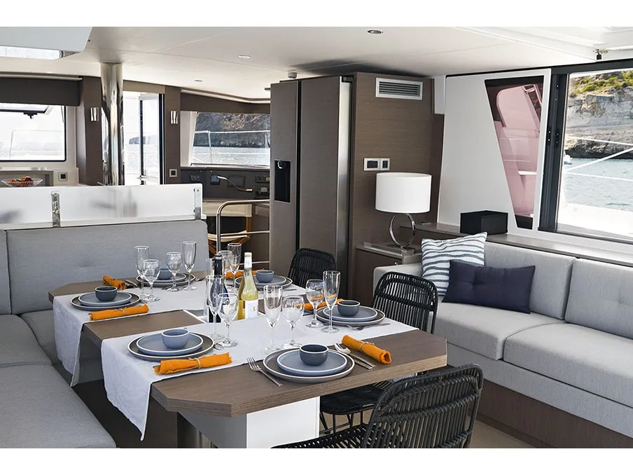 Salon of Rhapsody in Blue, a Bali 4.6 catamaran at Marmaris, Turkey
