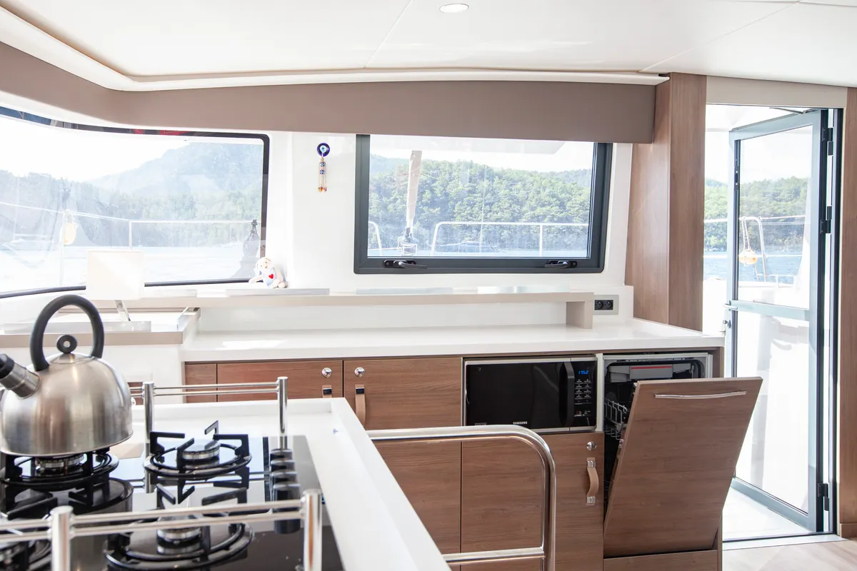 Galley of Rhapsody in Blue, a Bali 4.6 catamaran at Marmaris, Turkey