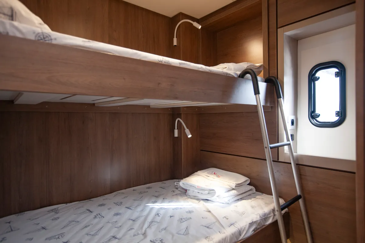 Cabin on Rhapsody in Blue, a Bali 4.6 catamaran at Marmaris, Turkey