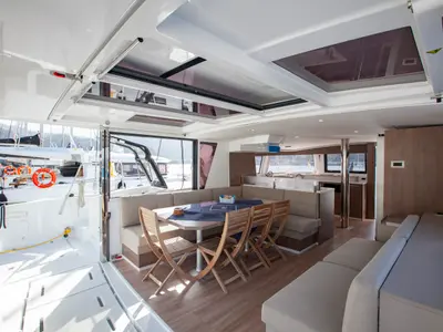 Deck of Rhapsody in Blue, a Bali 4.6 catamaran at Marmaris, Turkey