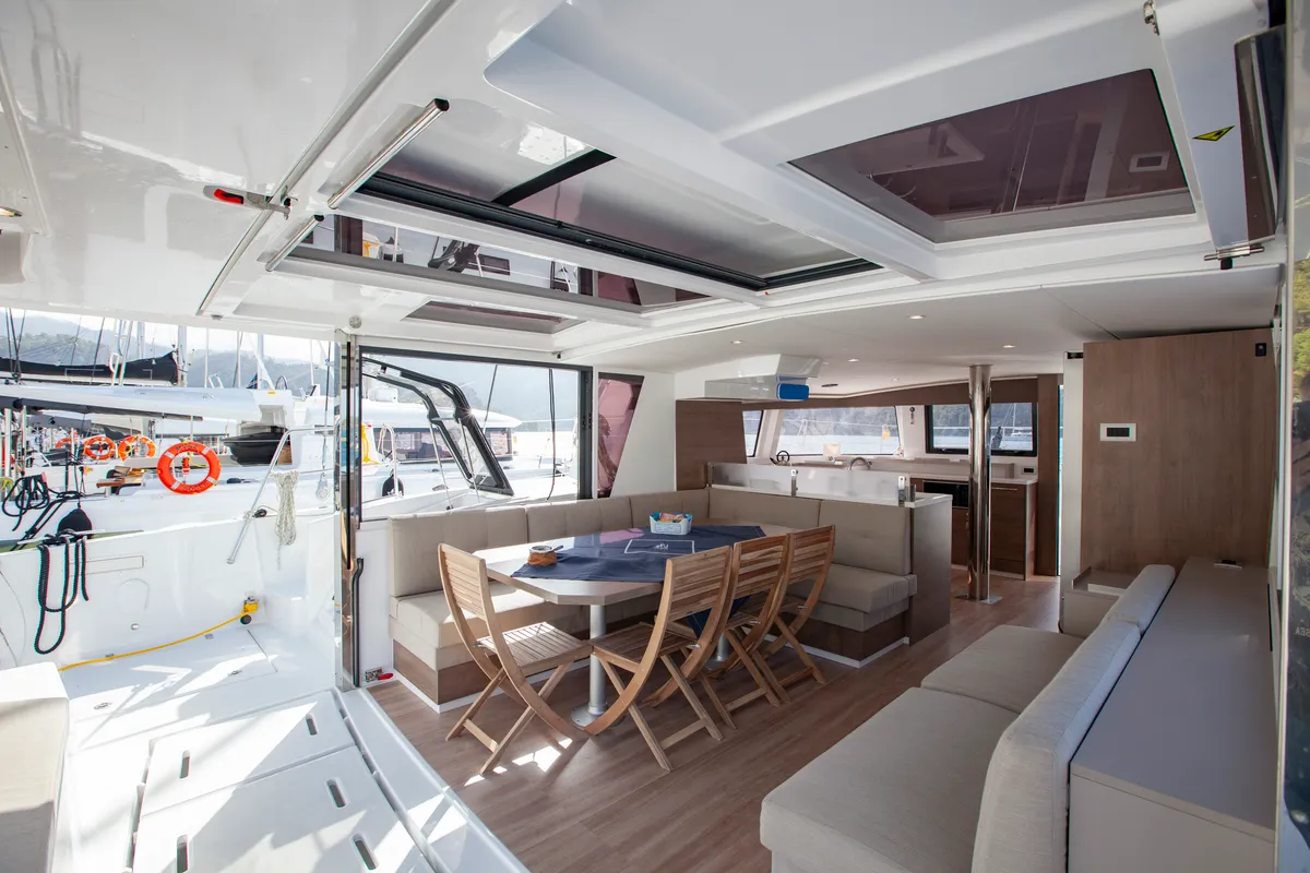 Deck of Rhapsody in Blue, a Bali 4.6 catamaran at Marmaris, Turkey