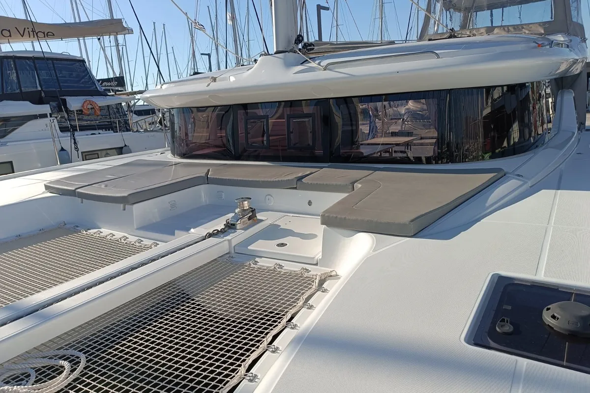 Deck of HASHTAG, a Lagoon 43 catamaran at Athens, Greece