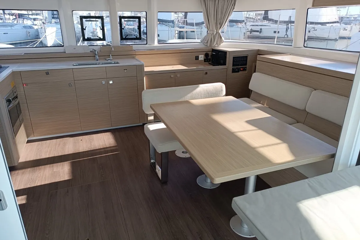 Salon of HASHTAG, a Lagoon 43 catamaran at Athens, Greece