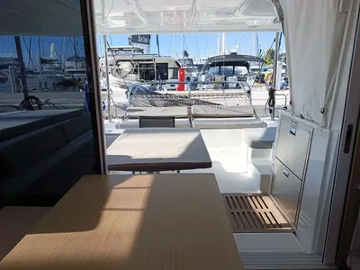 Deck of HASHTAG, a Lagoon 43 catamaran at Athens, Greece