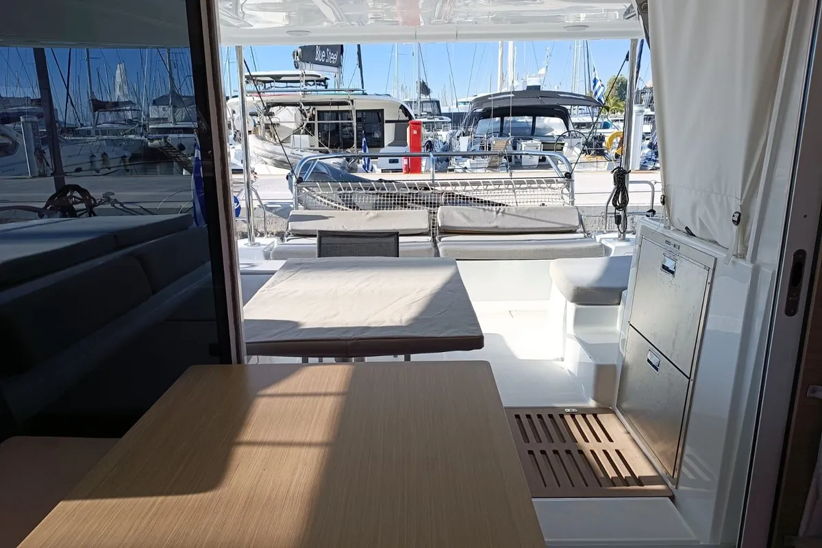 Deck of HASHTAG, a Lagoon 43 catamaran at Athens, Greece