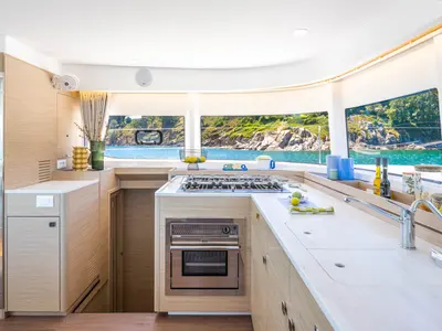 Galley of HASHTAG, a Lagoon 43 catamaran at Athens, Greece