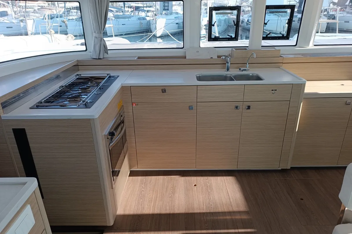 Galley of HASHTAG, a Lagoon 43 catamaran at Athens, Greece